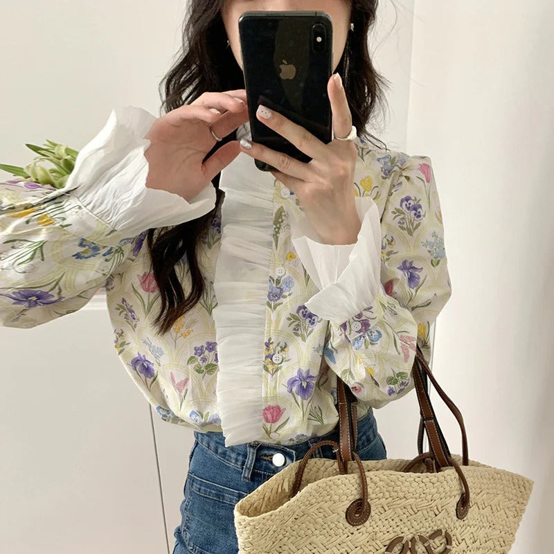 Image of Fern | Women's Floral Print Ruffle Blouse