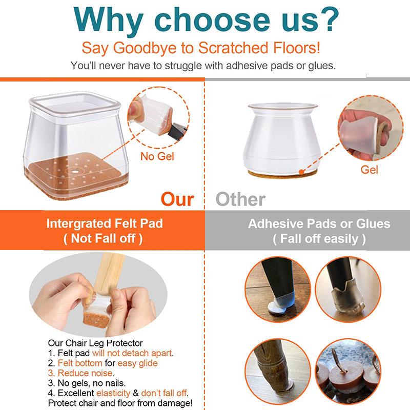 Bel Hills | Clear Silicone Chair Leg Caps with Integrated Felt Pads