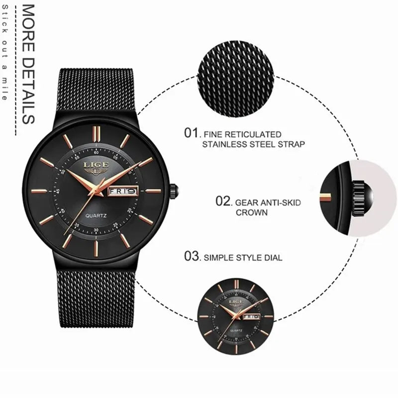 Bel Hills | Luxury Men’s Ultra-Thin Waterproof Stainless Steel Quartz Watch – Elegant Date Display Sports Wristwatch