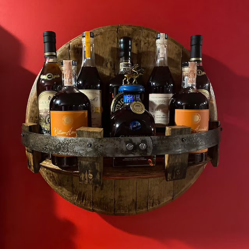 Bel Hills | Whiskey Barrel Wall Shelf | Rustic Solid Wood Design | Round