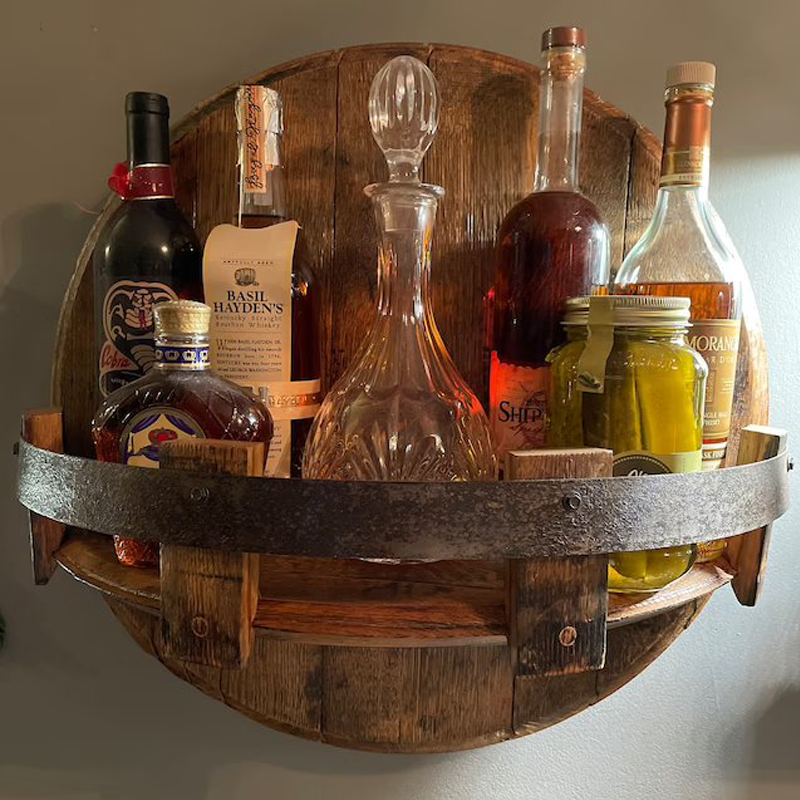 Bel Hills | Whiskey Barrel Wall Shelf | Rustic Solid Wood Design | Round