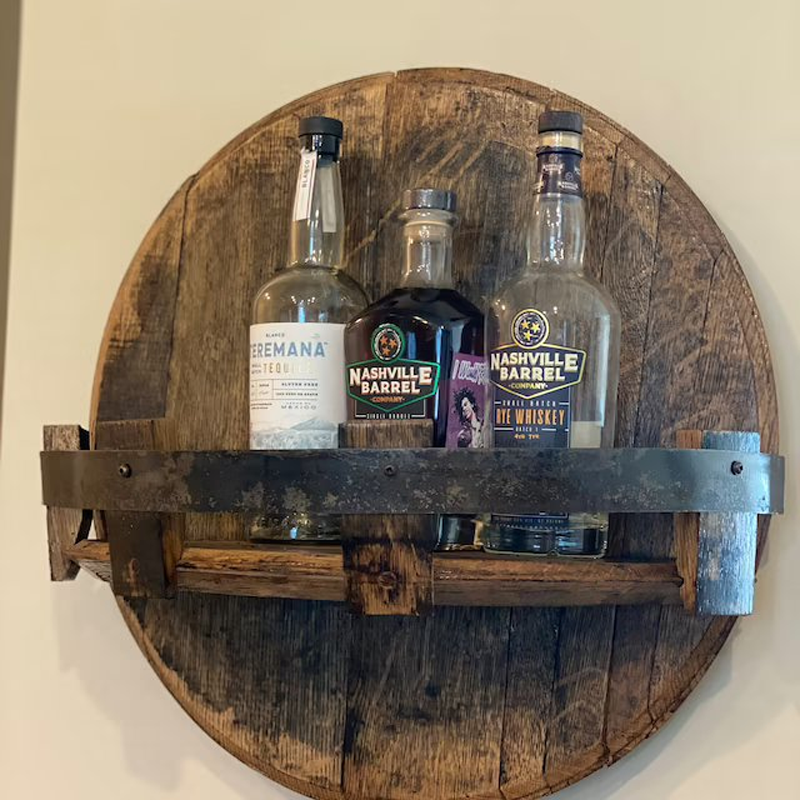 Bel Hills | Whiskey Barrel Wall Shelf | Rustic Solid Wood Design | Round