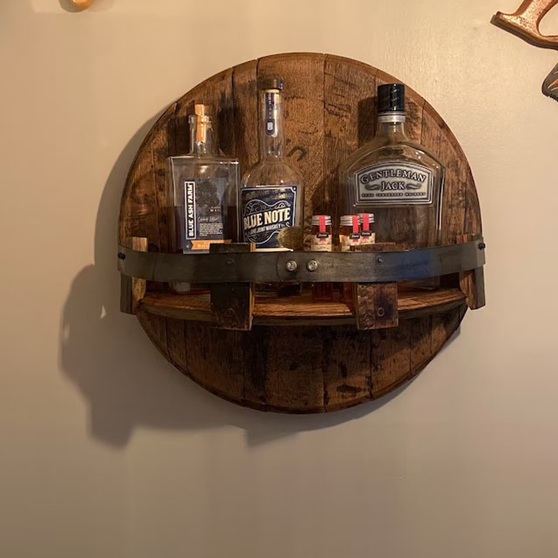 Bel Hills | Whiskey Barrel Wall Shelf | Rustic Solid Wood Design | Round