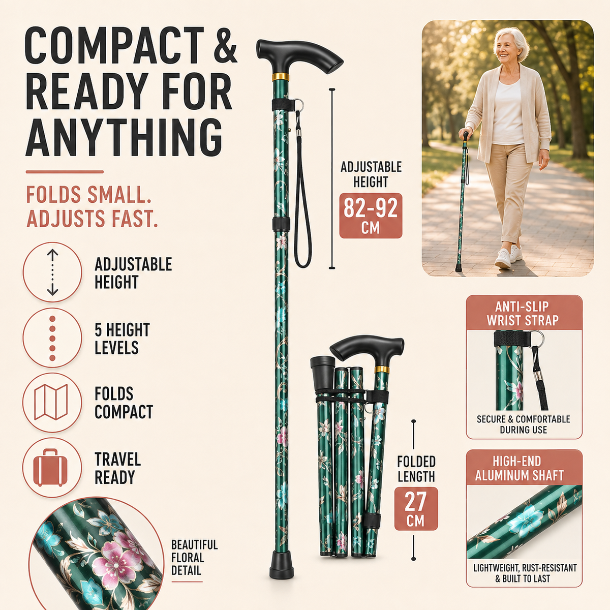 Floral Fold-Away Walking Stick
