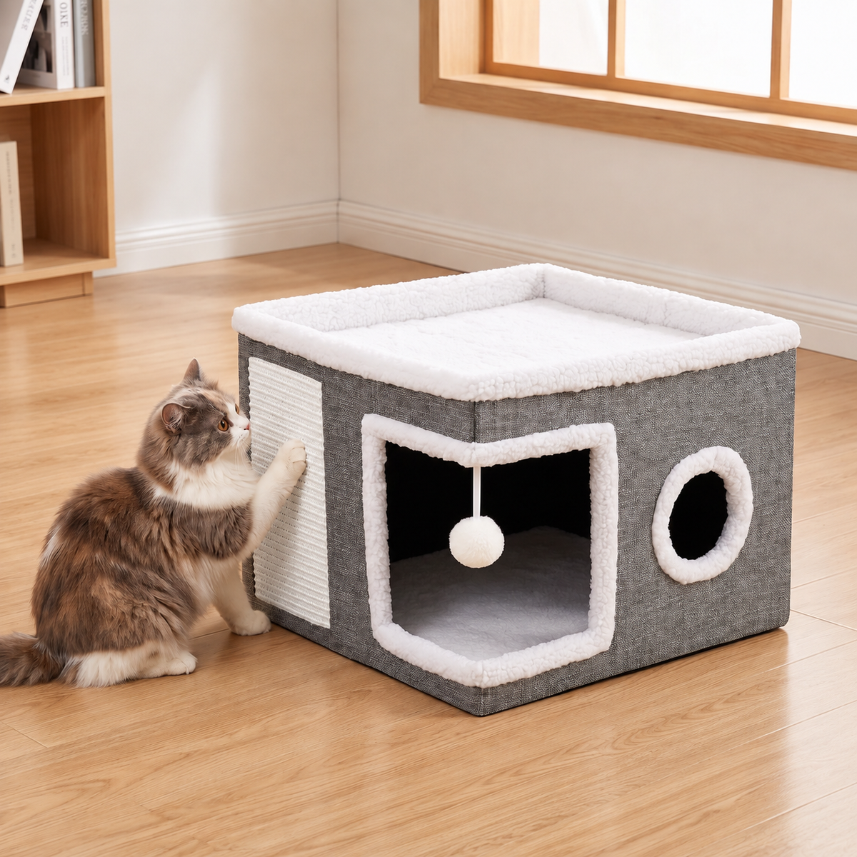 Foldable Cat House with Double-Sided All-Season Cushion and Hanging Toy
