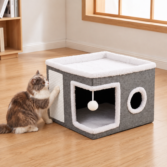 Foldable Cat House with Double-Sided All-Season Cushion and Hanging Toy
