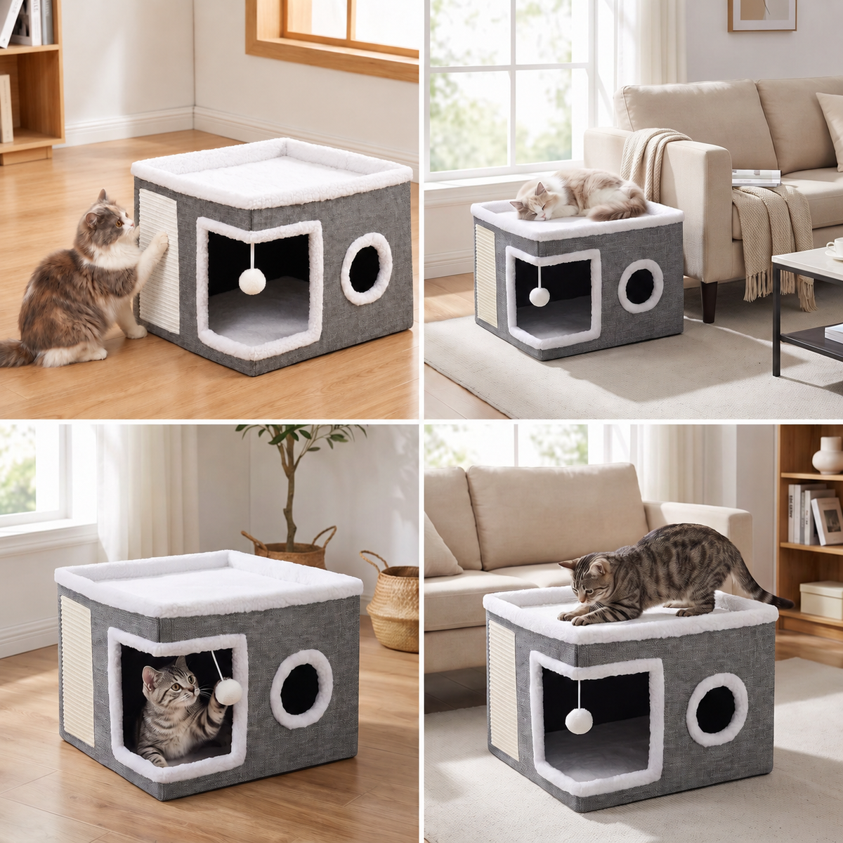 Foldable Cat House with Double-Sided All-Season Cushion and Hanging Toy