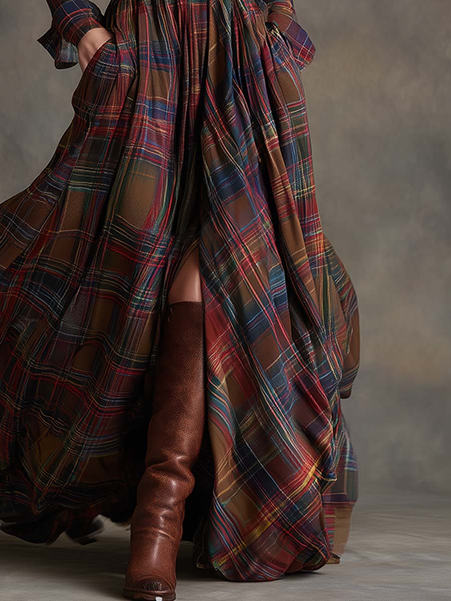 Image of Gabriella | Women's Belted Plaid Maxi Dress