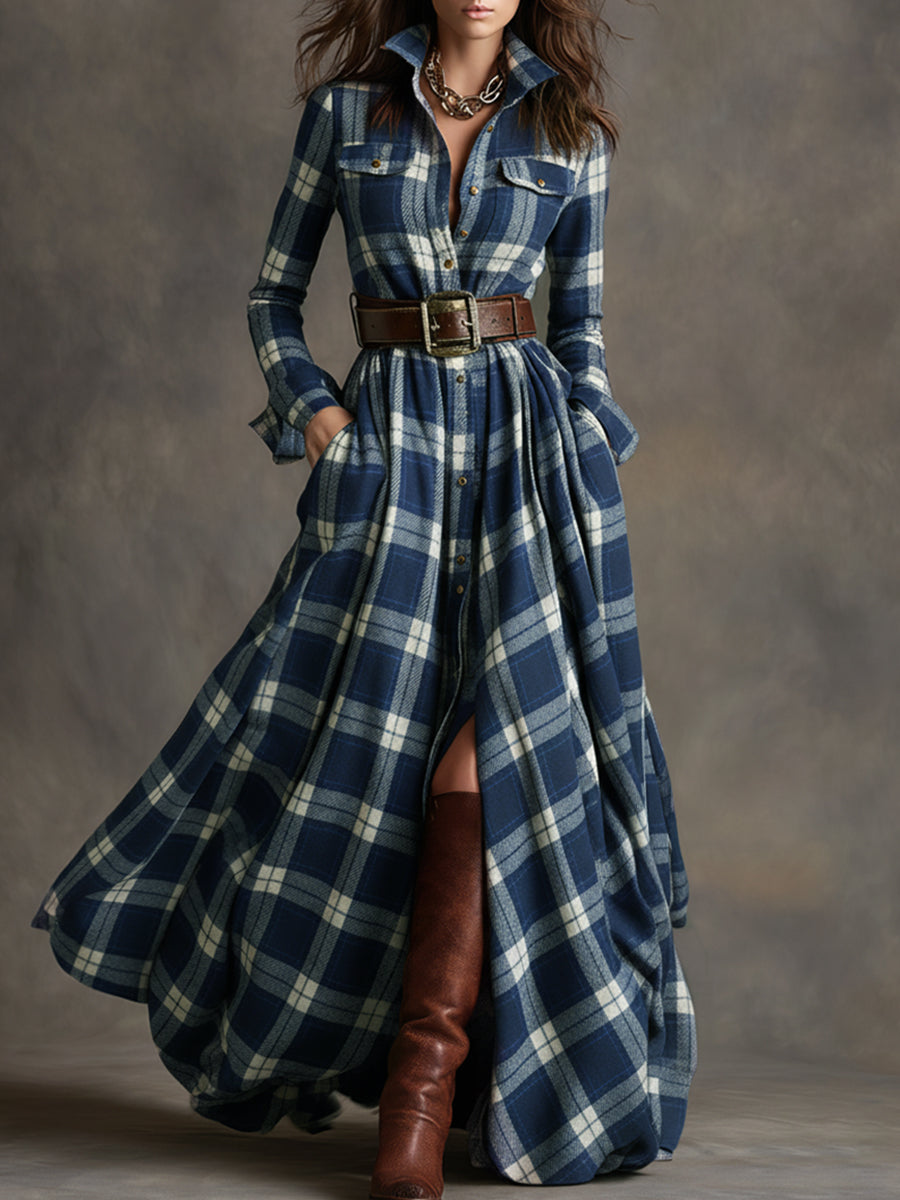 Image of Gabriella | Women's Belted Plaid Maxi Dress