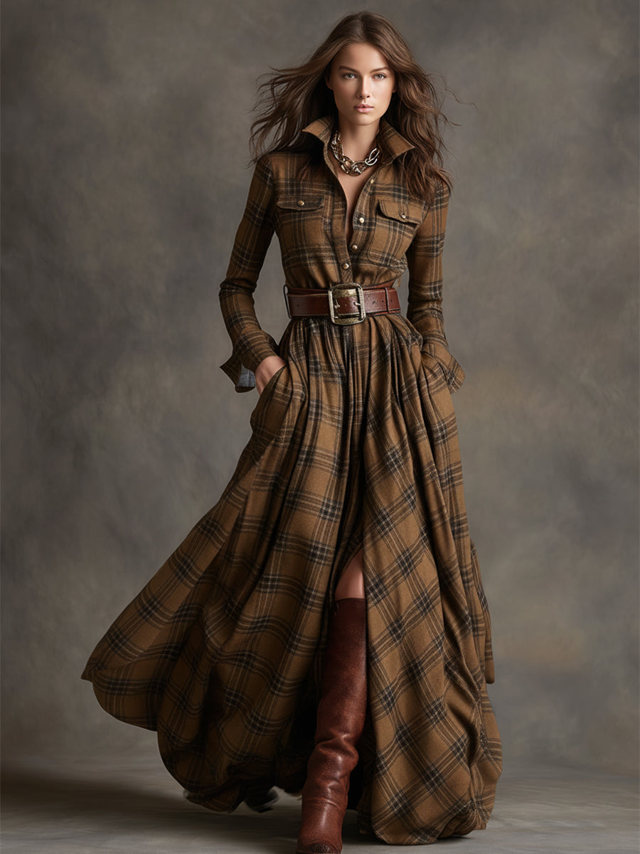 Image of Gabriella | Women's Belted Plaid Maxi Dress