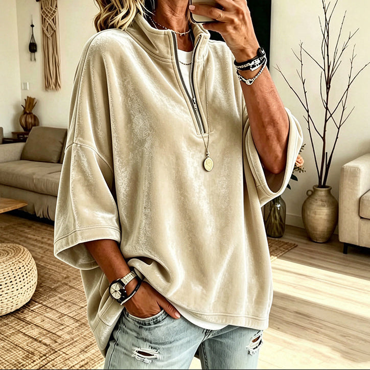 Half-Zip Funnel Neck Velour Pullover