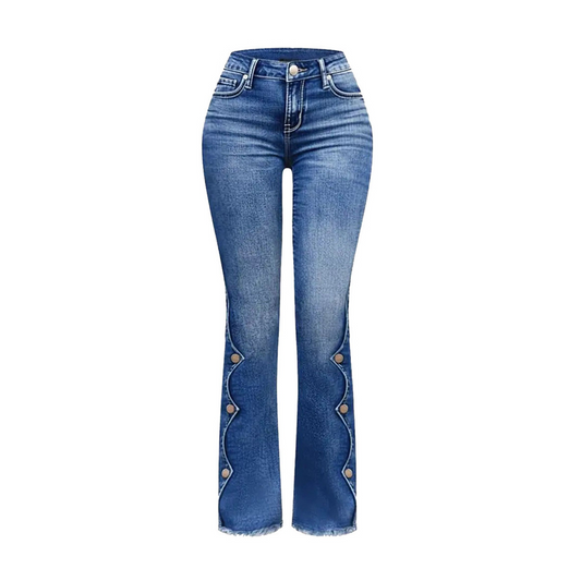 High-Waisted Stretch Flare Denim Jeans with Raw Fringe Hem
