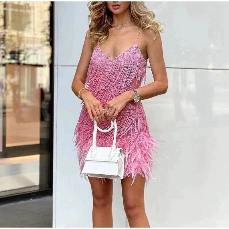 Image of Katrina | Women's V-Neck Fringe Mini Dress