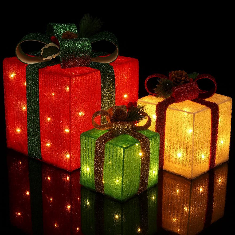 LED Gift Boxes - Set of 3 - Red, Green & Yellow