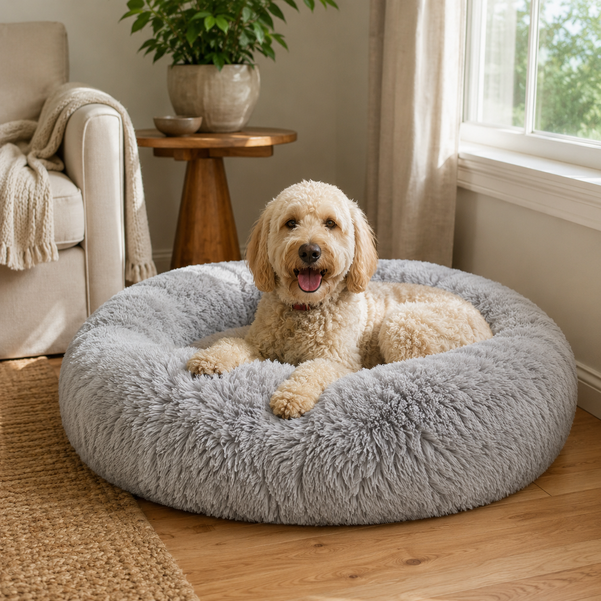 Machine-Washable Cozy Plush Calming Dog Bed
