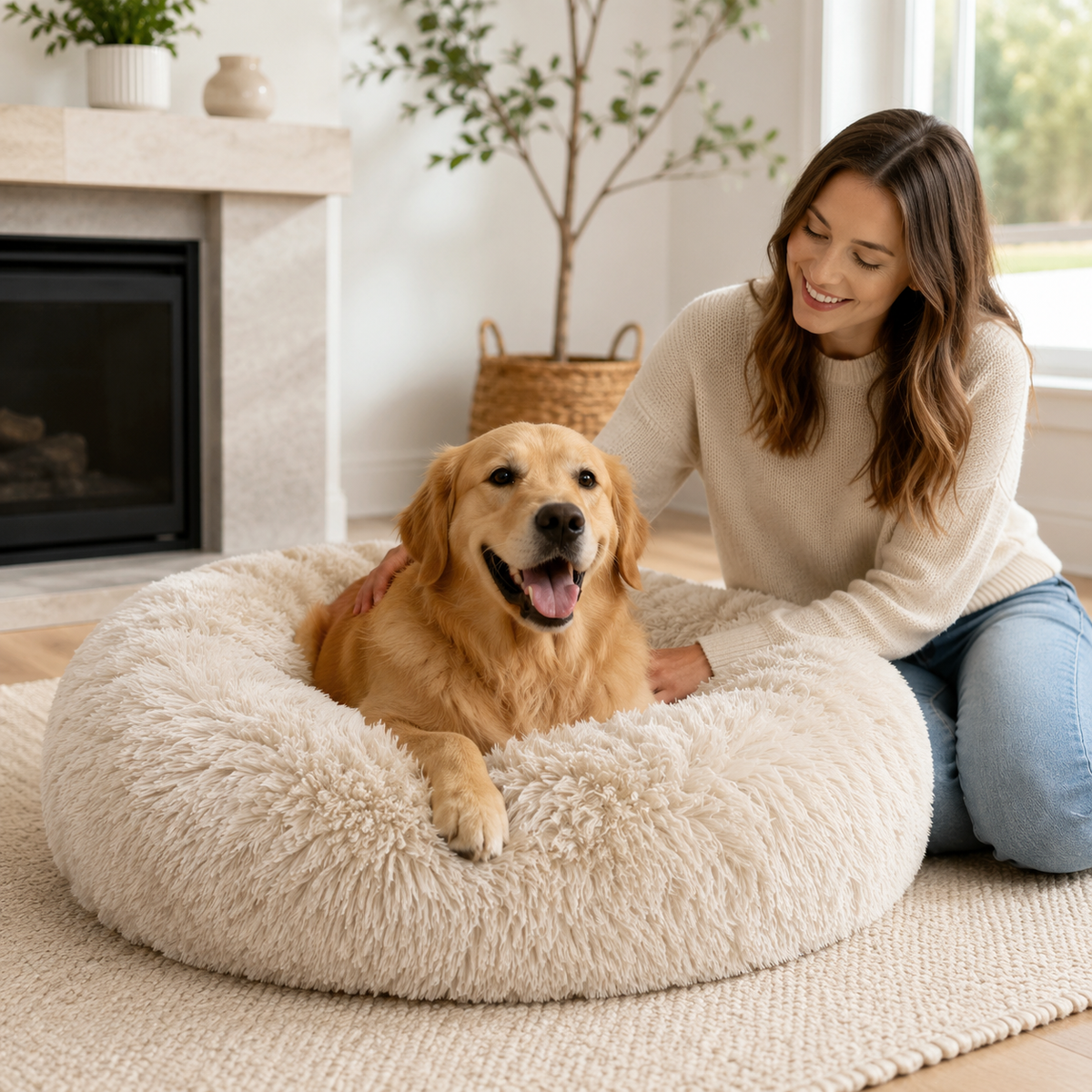 Machine-Washable Cozy Plush Calming Dog Bed