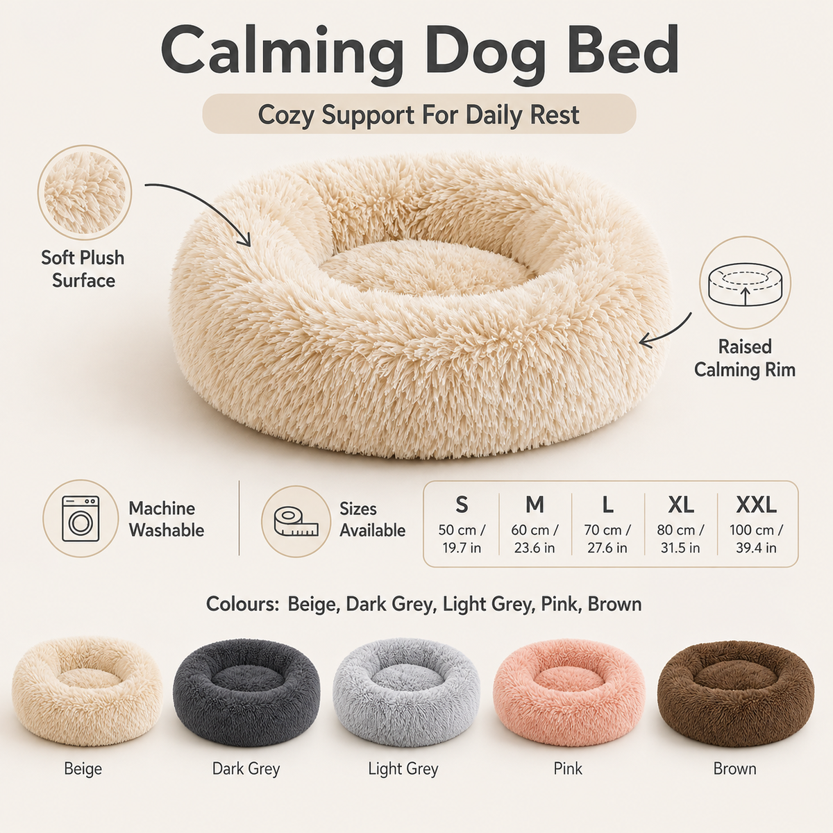 Machine-Washable Cozy Plush Calming Dog Bed