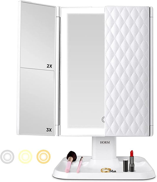 Makeup Mirror with LED Lighting – Adjustable Magnification and Stylish Storage Base