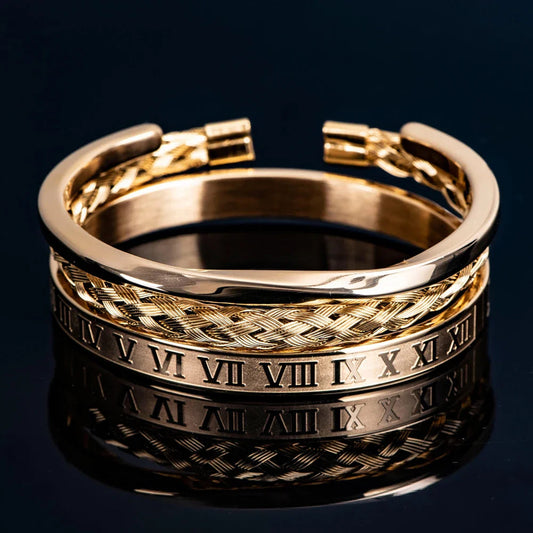 Men's Bracelet Set with Roman Numerals and Braided Design