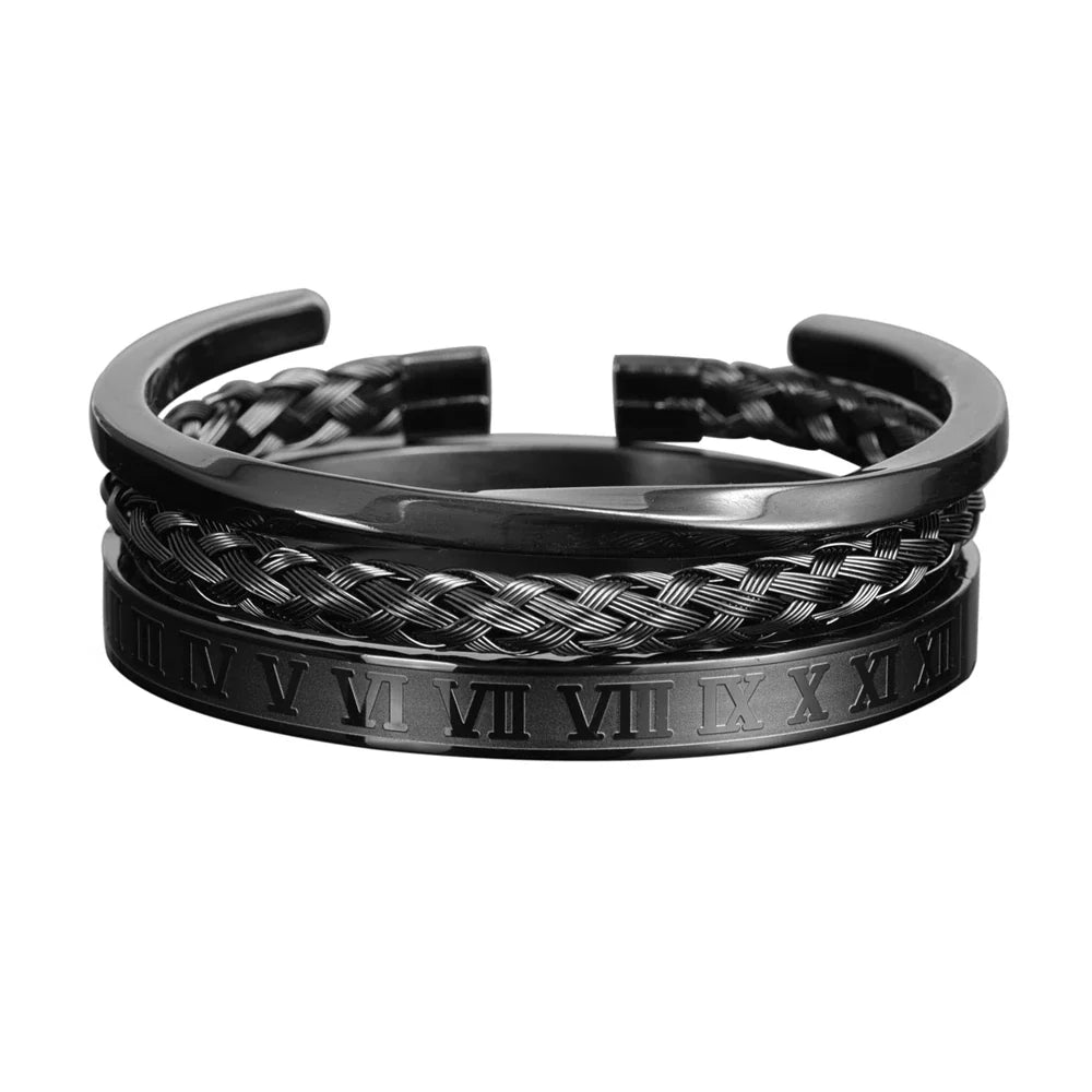 Men's Bracelet Set with Roman Numerals and Braided Design