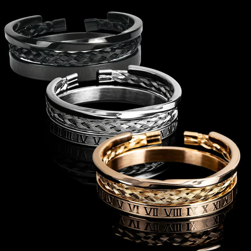 Men's Bracelet Set with Roman Numerals and Braided Design
