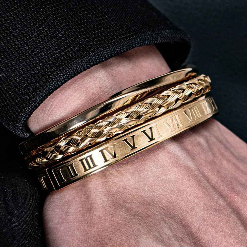 Men's Bracelet Set with Roman Numerals and Braided Design