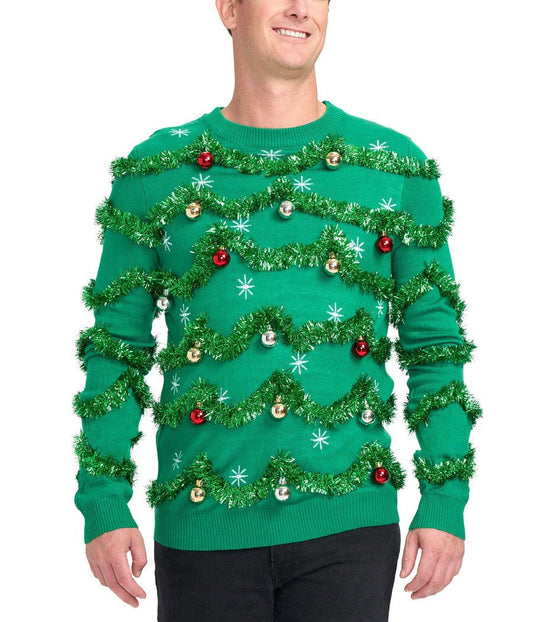 Men's Green Christmas Tree Sweater with Tinsel Garland and Shiny Baubles for Holiday Parties