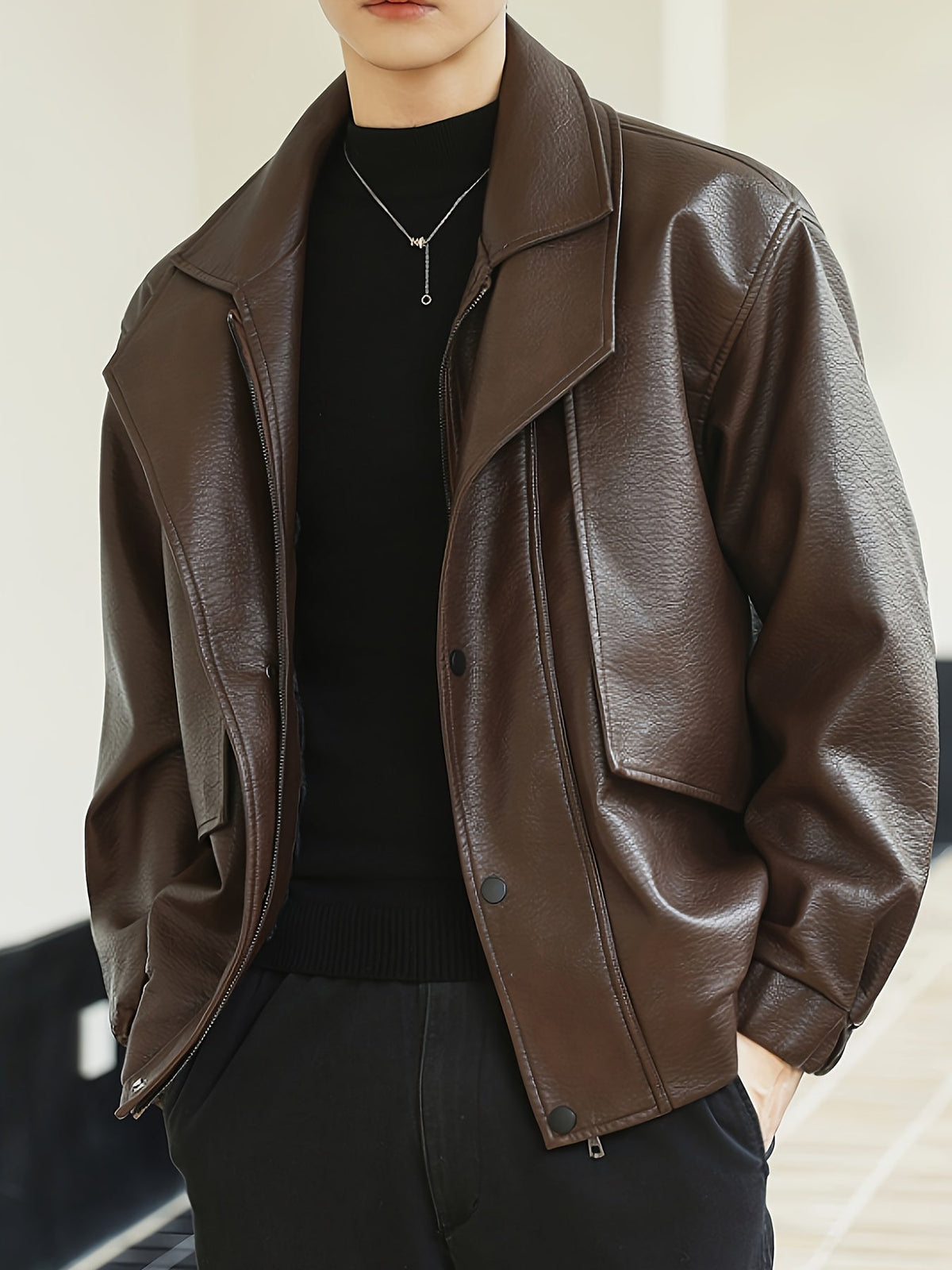 Men's Regular Fit Faux Leather Casual Bomber Jacket