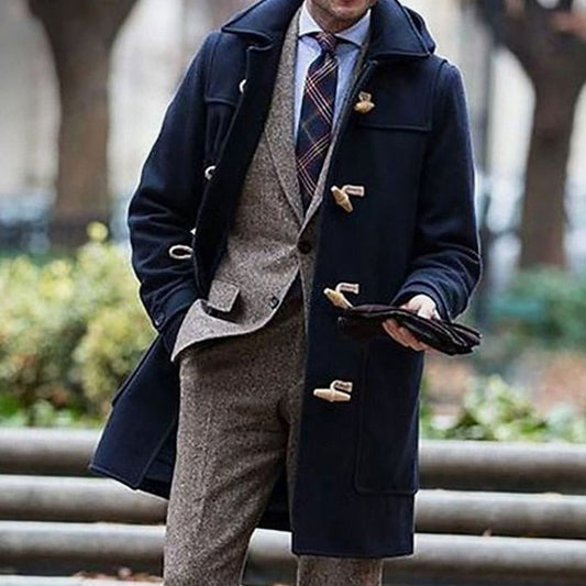 Men's Wool Hooded Toggle Long Overcoat