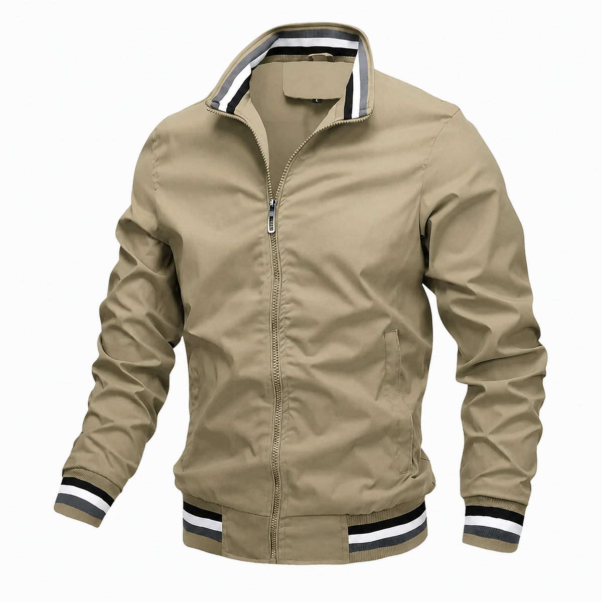 Men's Zip-Up Bomber Jacket with Striped Hem