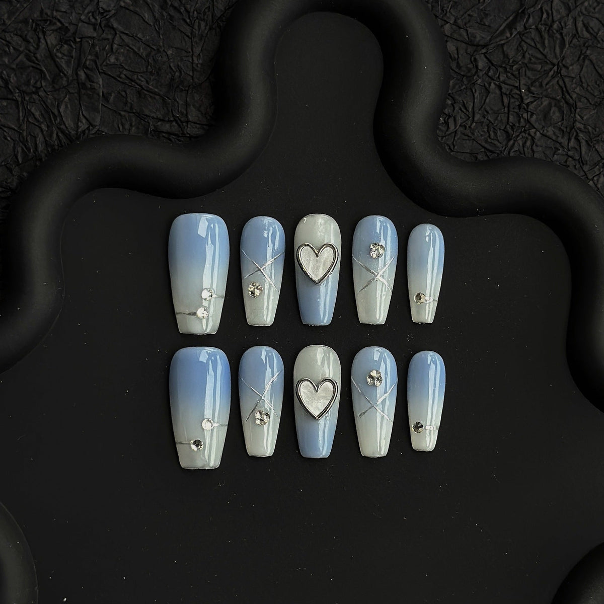 Ombré Press-On Nail Set with Heart and Gem Accents