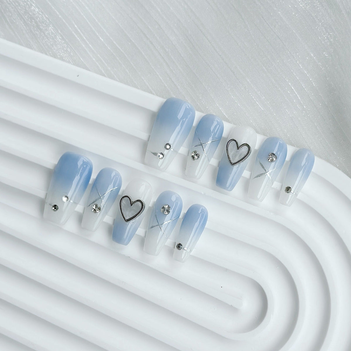 Ombré Press-On Nail Set with Heart and Gem Accents