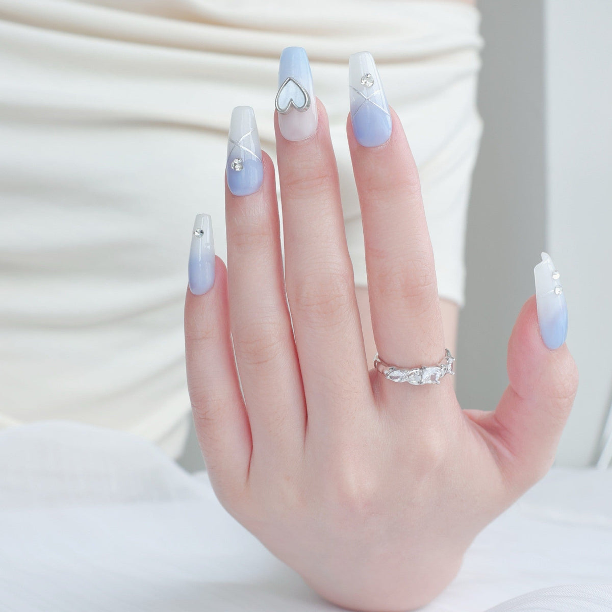 Ombré Press-On Nail Set with Heart and Gem Accents