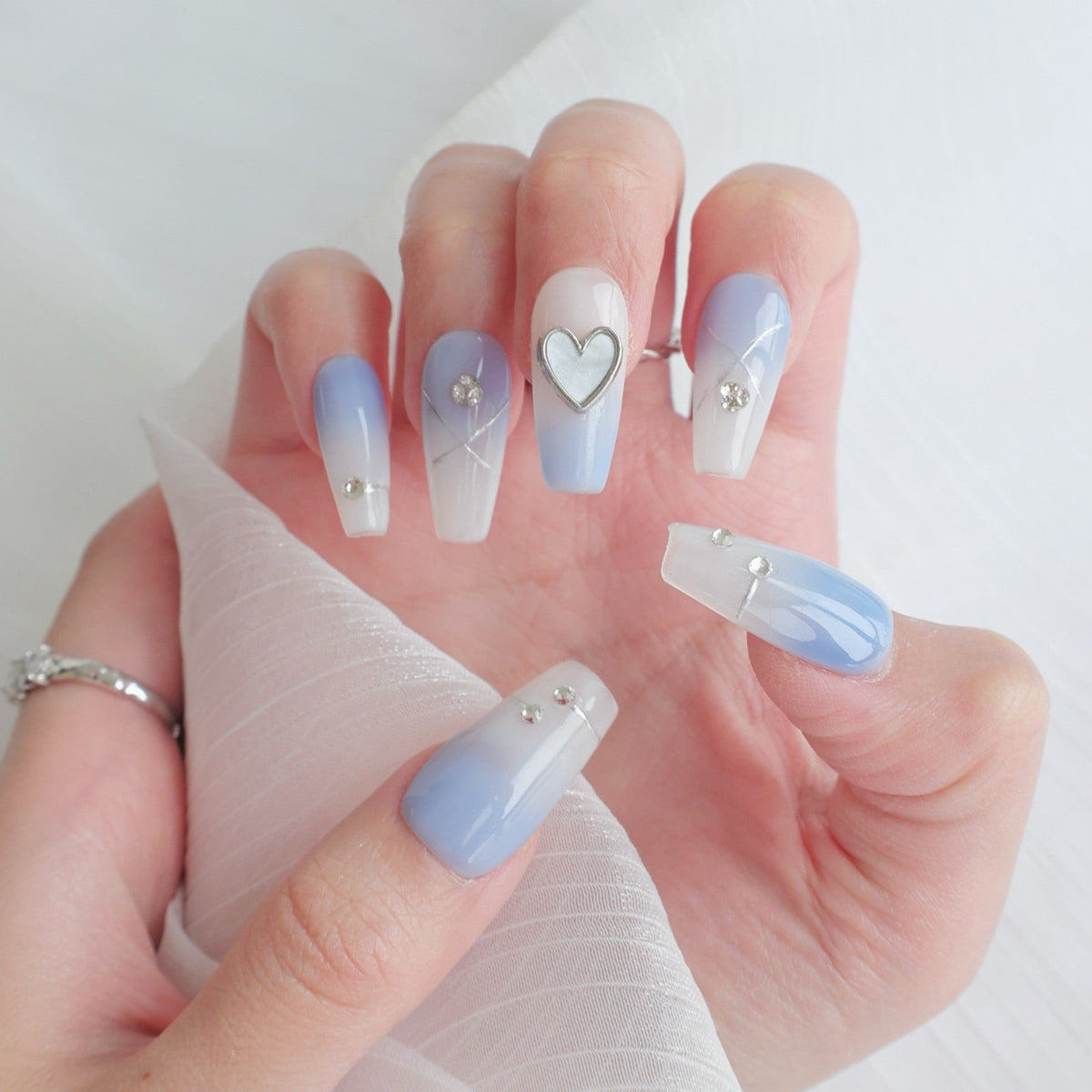 Ombré Press-On Nail Set with Heart and Gem Accents