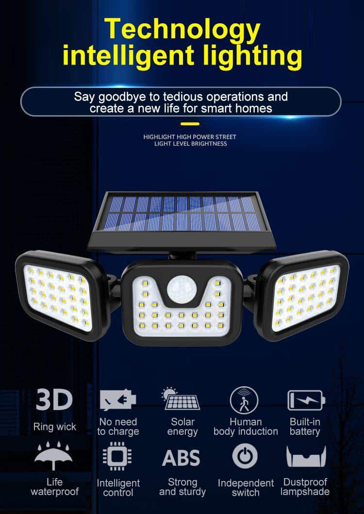 Powerful Solar LED Motion Sensor Flood Light with 3 Spotlights