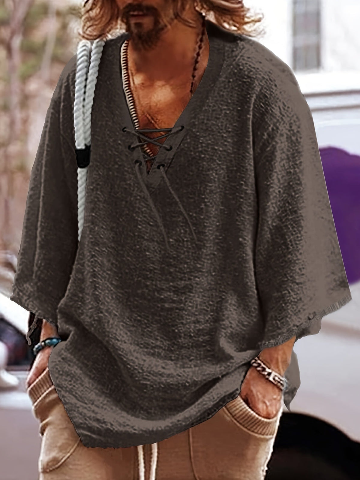 Relaxed Lace-Up V-Neck Shirt