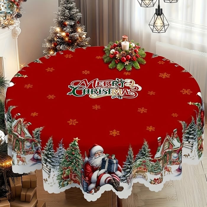 Round Christmas Tablecloth with Scalloped Edges and Poinsettia Design