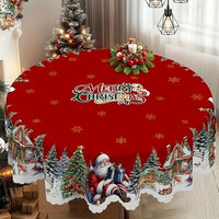 Round Christmas Tablecloth with Scalloped Edges and Poinsettia Design