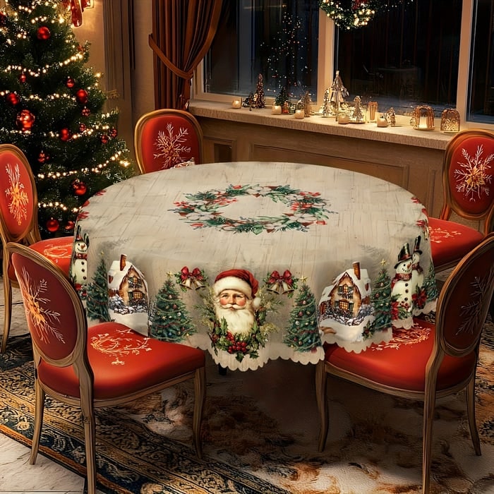 Round Christmas Tablecloth with Scalloped Edges and Poinsettia Design