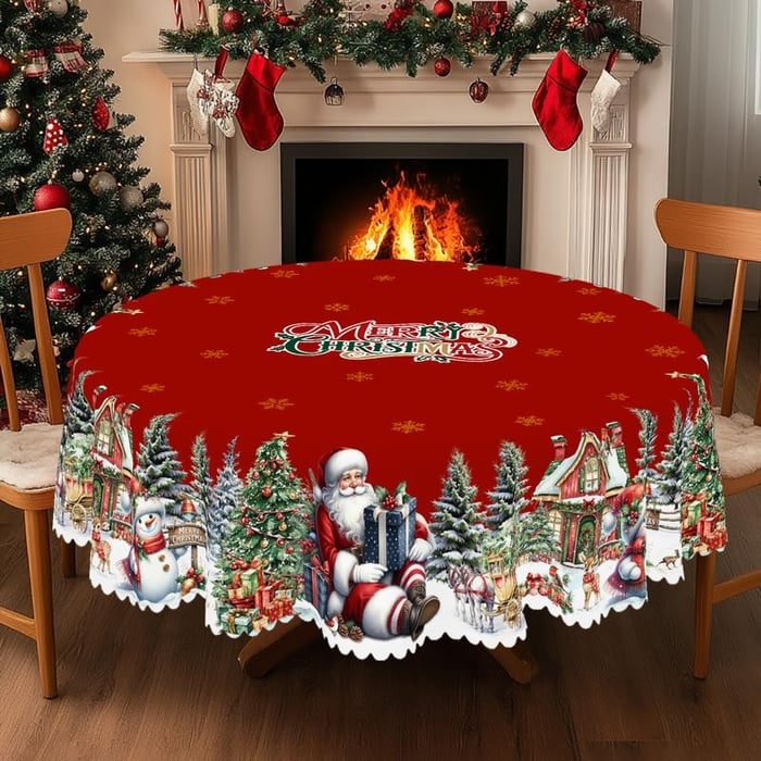 Round Christmas Tablecloth with Scalloped Edges and Poinsettia Design