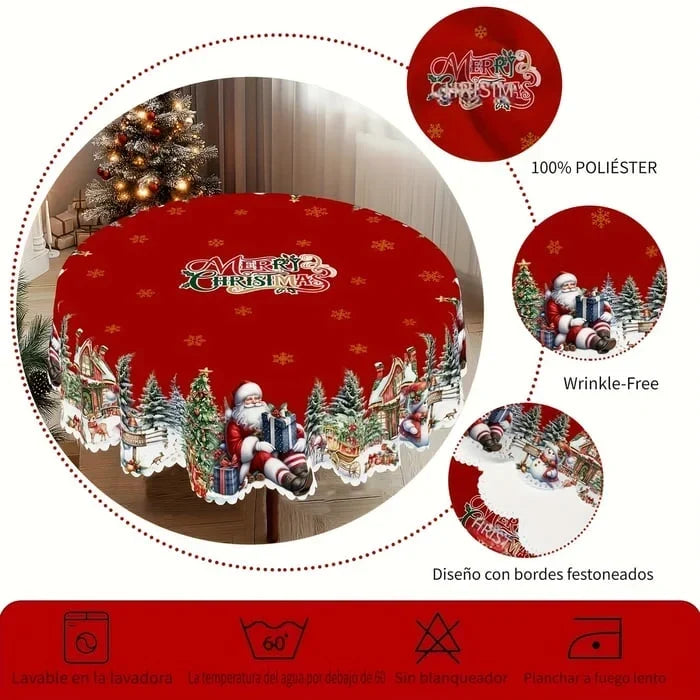 Round Christmas Tablecloth with Scalloped Edges and Poinsettia Design
