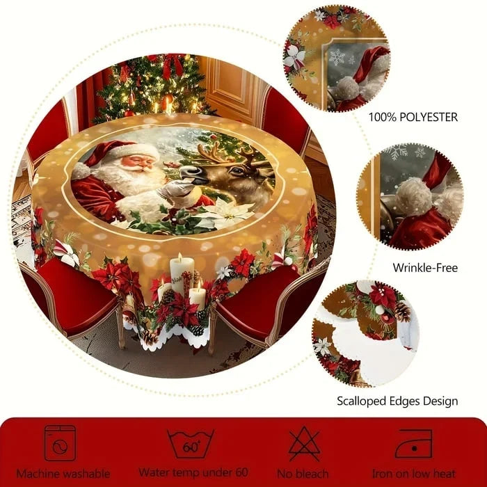 Round Christmas Tablecloth with Scalloped Edges and Poinsettia Design