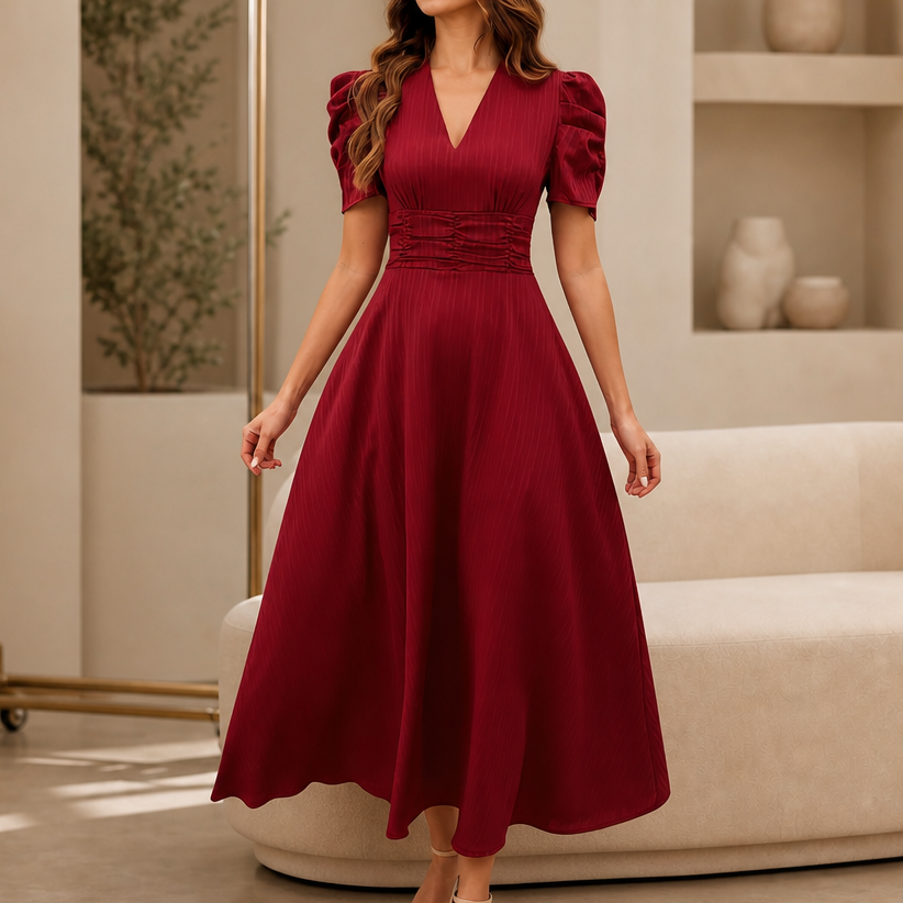 Ruched Waist Puff Sleeve V-Neck Midi Dress