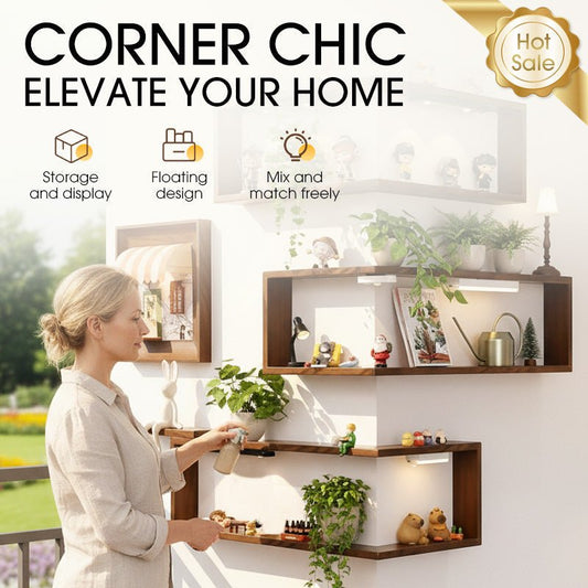 Rustic Wooden Corner Shelf Unit with Walnut Finish