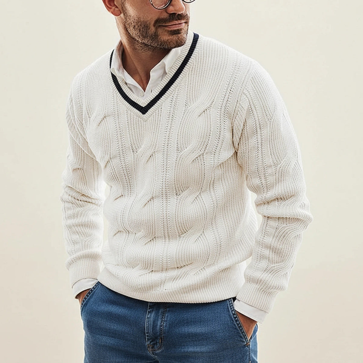Men's Cable Knit V-Neck Sweater