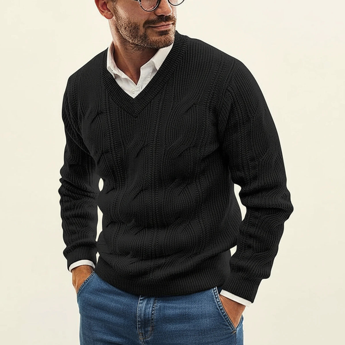 Men's Cable Knit V-Neck Sweater