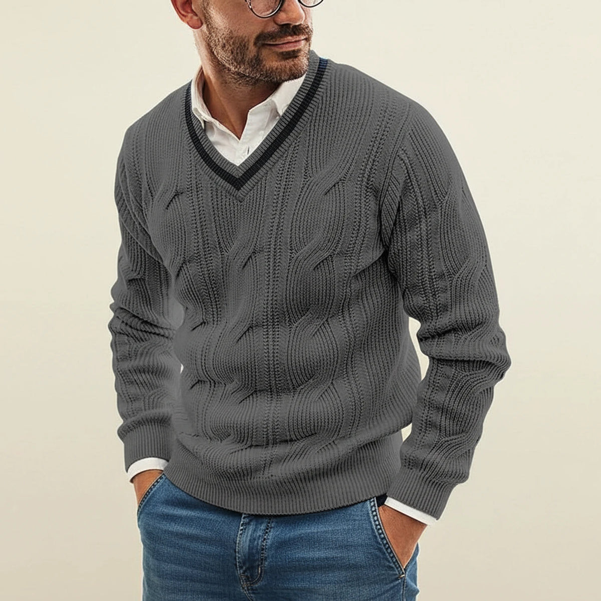 Men's Cable Knit V-Neck Sweater