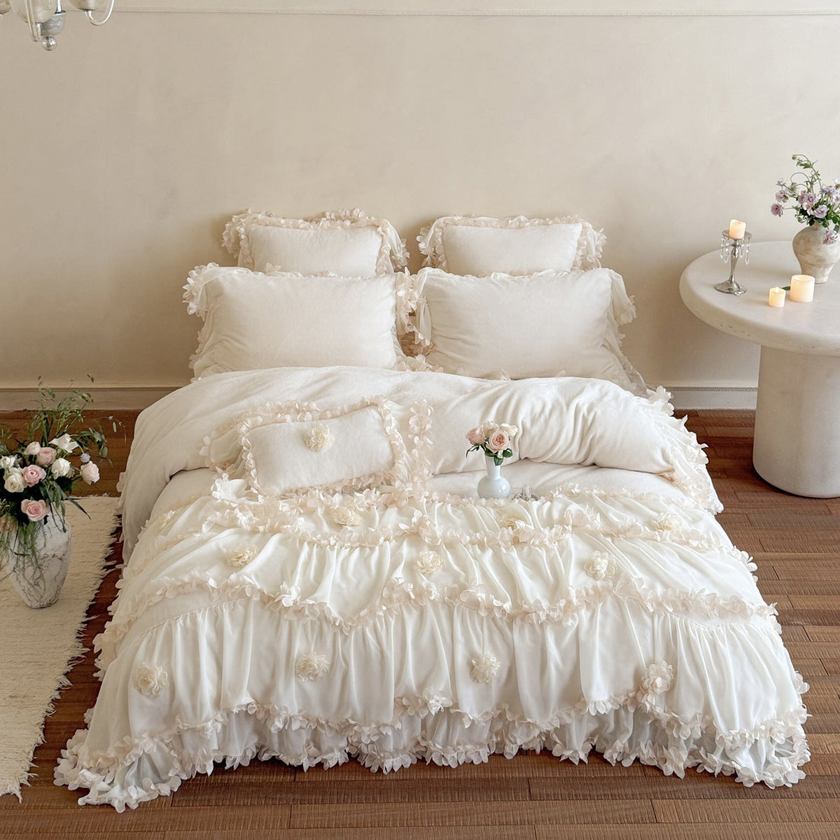 Vintage-Style Ruffled Bedding Set with 3D Flower Appliqués and Gathered Bed Skirt