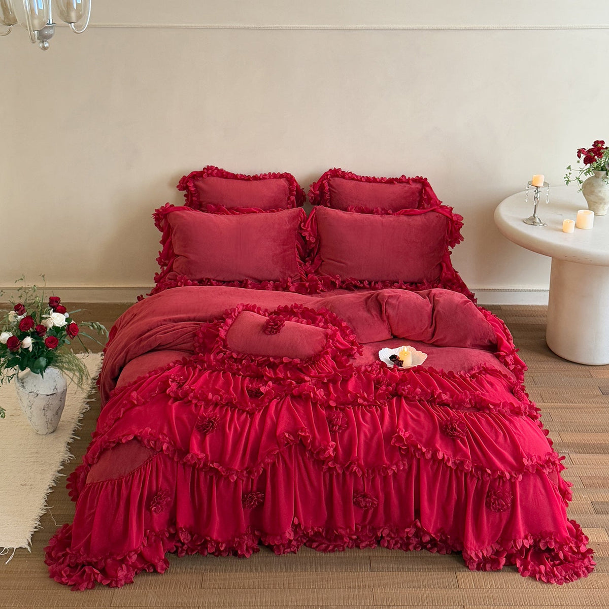 Vintage-Style Ruffled Bedding Set with 3D Flower Appliqués and Gathered Bed Skirt