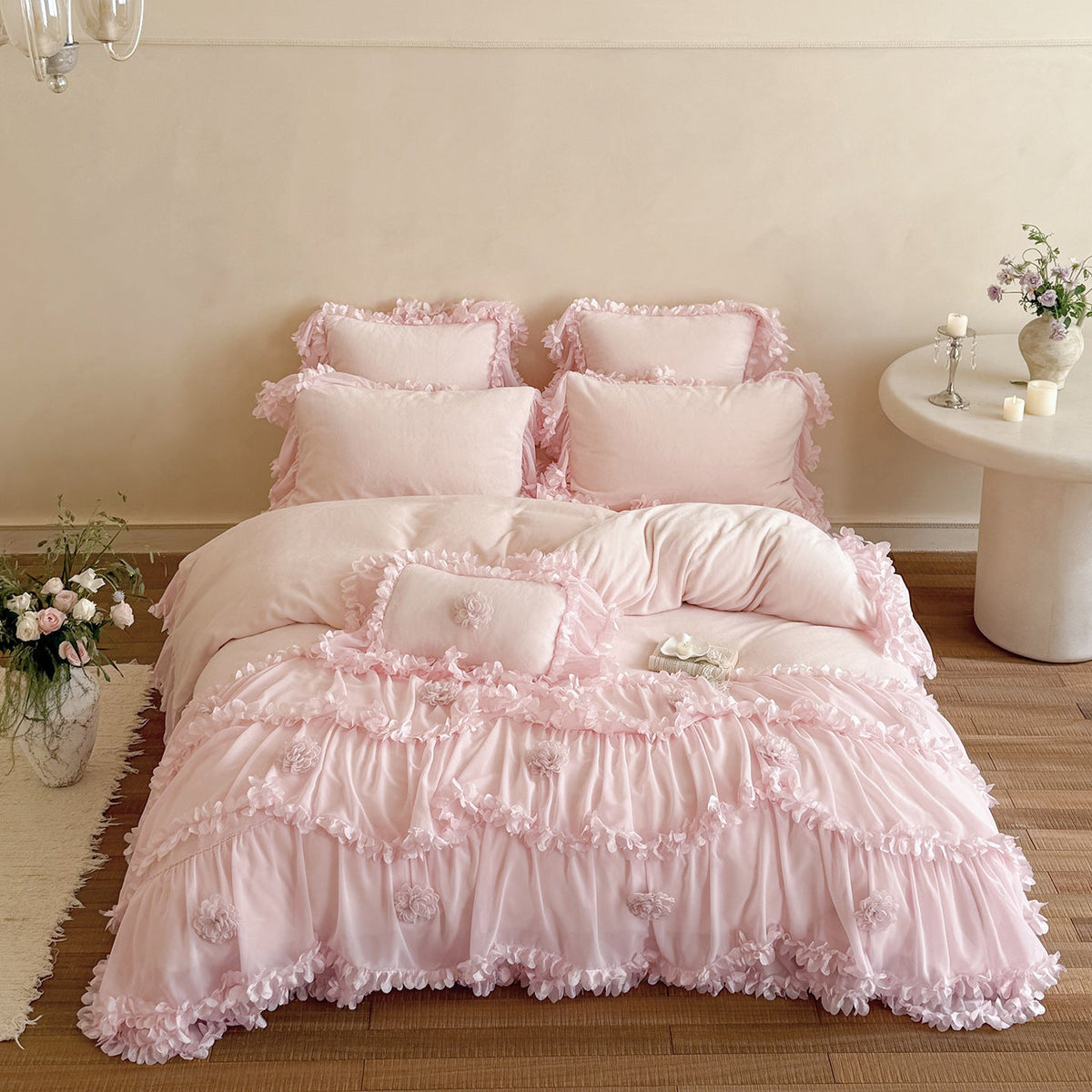Vintage-Style Ruffled Bedding Set with 3D Flower Appliqués and Gathered Bed Skirt